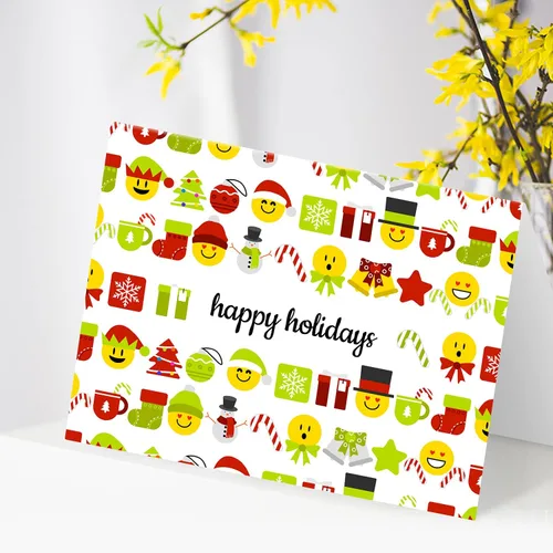 Miniatura 2 de Tarjetas de felicitación de Happy Holidays, rojo y verde, divertido patrón de emoji lindo, plegable en blanco para Navidad y Año Nuevo, 4.25 x 5.5