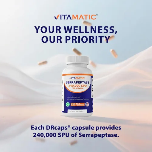 Miniatura 4 de Vitamatic Serrapeptase 240,000 SPU por porción, 120 cápsulas de liberación retardada - Recubrimiento entérico - Sin OGM - Fabricado en los Estados