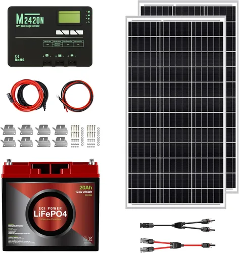Miniatura 10 de Kit de energía solar de 100 W y 12 V Batería de litio LiFePO4 de 12 V y 20 Ah Panel solar monorígido de 100 W, controlador de carga solar PWM