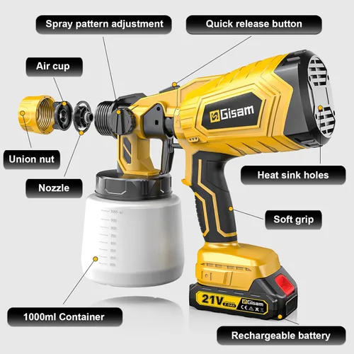 Miniatura 8 de Pulverizador de pintura eléctrico inalámbrico con motor sin escobillas, 4 boquillas de latón, 2 baterías de 2000 mAh, 3 patrones de pulverización