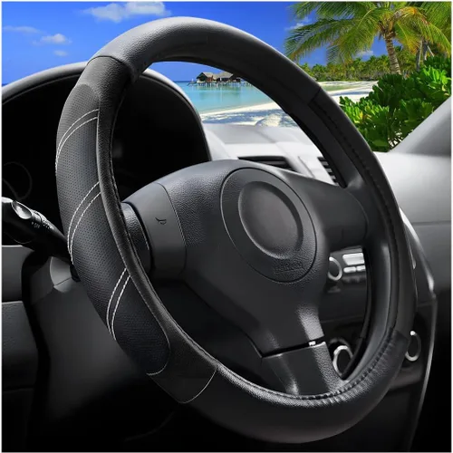 Miniatura 11 de Zpana Funda para volante de automóvil, de piel de fibra de carbono de 15 pulgadas, protector antideslizante para volante con forro, accesorios