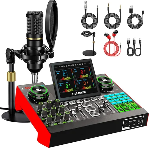 Paquete de micrófono para podcast con mezclador de audio de tarjeta de sonido en vivo, paquete de equipo de podcast con micrófono de condensador de