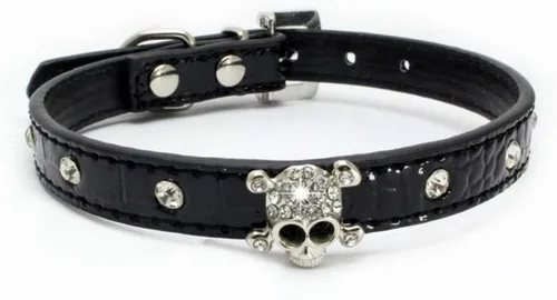 Collar de piel con diamantes de imitación de cráneo y diamantes de imitación de piel para mascotas pequeñas para perros y gatos (XS, negro)