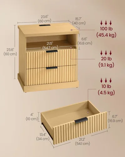 Miniatura 3 de VASAGLE - Colección MAXE - Mesita de noche con estación de carga, soporte estriado, mesa de noche, mesa auxiliar de estilo moderno de mediados
