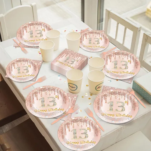 Miniatura 7 de 200 piezas de platos, servilletas y cubiertos de Rose Gold para fiesta de cumpleaños número 13, juego de vajilla rosa para la feliz decoración