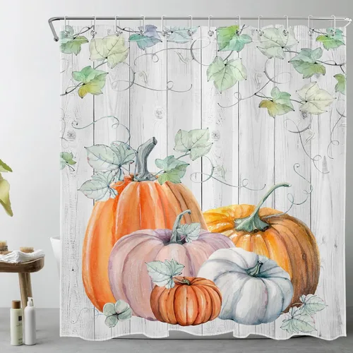 Miniatura 11 de LB Cortina de ducha de flores blancas y moradas para baño, lindo pájaro y hojas de otoño sobre tela beige con ganchos, juego botánico floral