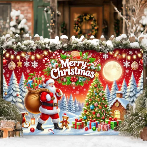 Miniatura 6 de HOMETITUTE Cartel de Navidad de 71 x 43 pulgadas, telón de fondo rojo de Papá Noel con árbol de regalo, decoración de nieve en trineo