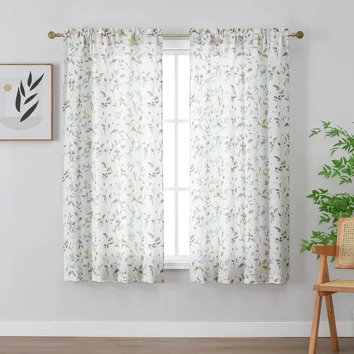 Miniatura 21 de Chyhomenyc Cortinas de mezcla de lino de 63 pulgadas de largo, 2 paneles de cortina con estampado floral filtrante de luz para sala de estar