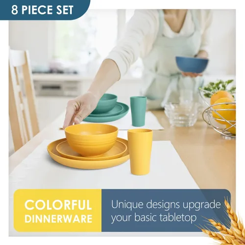 Miniatura 5 de Teivio Juego de vajilla de paja de trigo de plástico de cocina de 32 piezas, servicio para 8, platos de cena, plato de postre, cuencos para Colorido