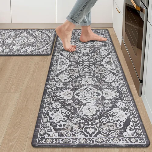 Miniatura 13 de Ileading Juego de 2 tapetes de cocina antifatiga, acolchados para piso, impermeables, antideslizantes, cómodos para cocina, oficina, fregadero, Gris