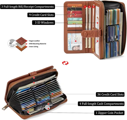 Miniatura 3 de SENDEFN Cartera de piel con cierre RFID para mujer, con cierre de cremallera, de gran capacidad, con correa para la muñeca, Marrón, Classic