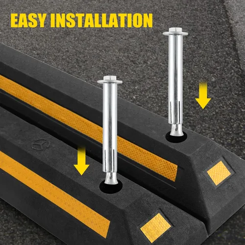 Miniatura 5 de ATPEAM Tope de goma para suelo de vehículo, paquete de 2 bloques de estacionamiento negros con rayas reflectantes amarillas para automóvil, camión