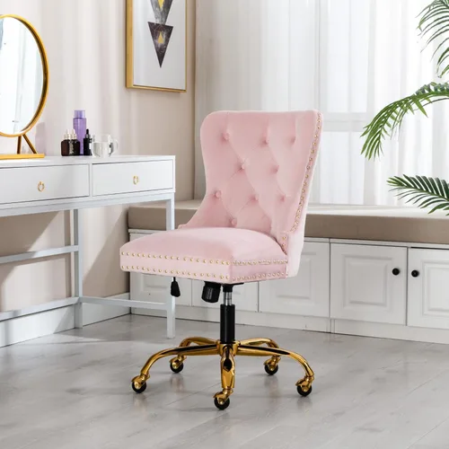 Miniatura 9 de Silla de escritorio de terciopelo para oficina en casa con ruedas y base dorada, cómoda silla de maquillaje copetuda para mujeres y niñas, silla