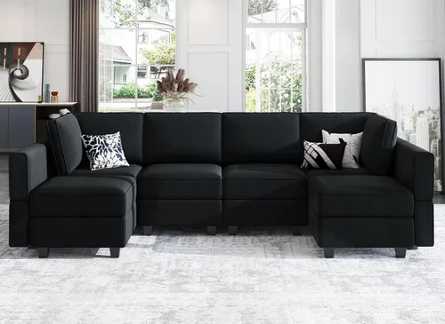 Miniatura 14 de Belffin Sofá modular en forma de U con tumbonas reversibles, de terciopelo, con asiento de almacenamiento, color negro