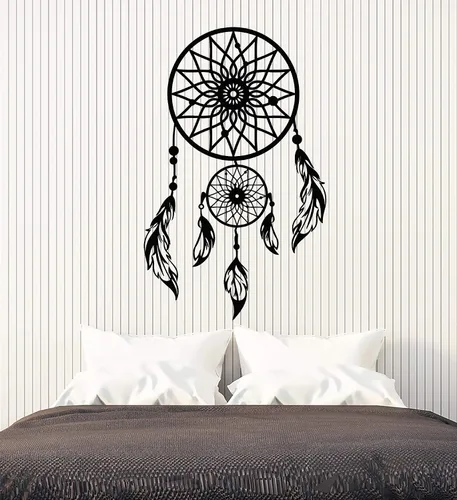 Vinilo adhesivo de pared de atrapasueños, amuleto de plumas de talismán, calcomanías para dormitorio, decoración grande (g2355), color negro
