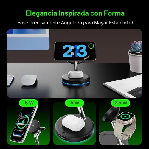 Miniatura 7 de Cargador inalámbrico 3 en 1 para iPhone, estación de carga magnética para la familia Apple con luz ambiental azul ajustable, soporte de cargador
