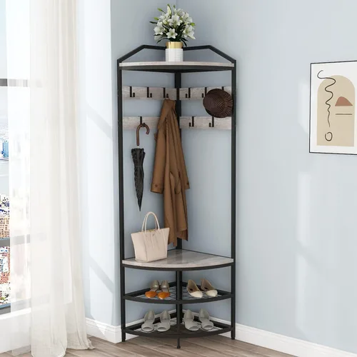 Miniatura 8 de GiftGo Árbol de pasillo de esquina con banco de zapatos, perchero de entrada con 10 ganchos móviles de metal, estante para zapatos, organizador