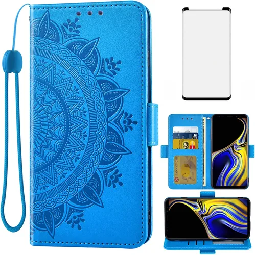 Asuwish Compatible con Samsung Galaxy Note 9 - Funda tipo cartera de vidrio templado, protector de pantalla con tarjetero y correa de muñeca