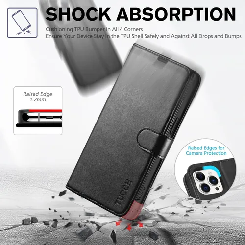 Miniatura 6 de Funda tipo billetera TUCCH para iPhone 15 Pro Max, con bloqueo RFID, con soporte para 4 tarjetas, a prueba de golpes, con interior de TPU, con funda