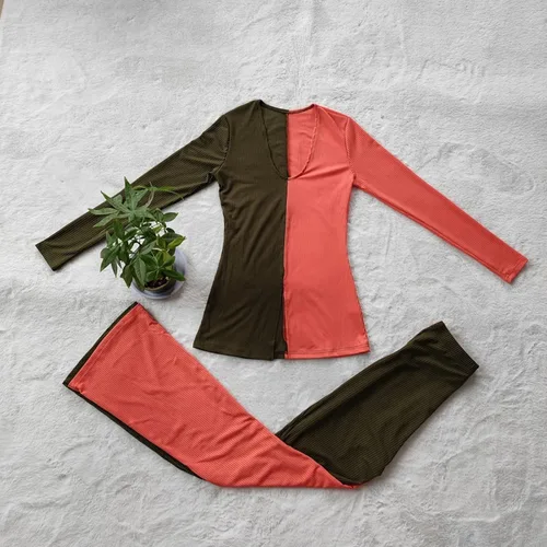 Miniatura 3 de kaimimei Conjunto deportivo sexy de 2 piezas con bloques de color para mujer, con dobladillo acanalado, abertura y pantalones acampanados, ropa