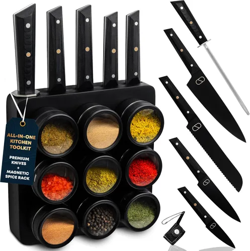 Paquete de bloque magnético 3 en 1 para cuchillos y estante de especias, juego de cuchillos de chef ultra afilados de 60 HRC, cuchillas de titanio