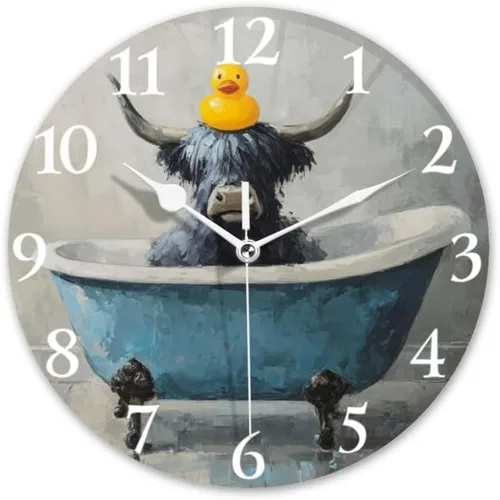 Reloj de pared con pilas, reloj de vaca Highland de 10 pulgadas, silencioso, sin tictac, azul, vintage, decoración del hogar, para baño, dormitorio,