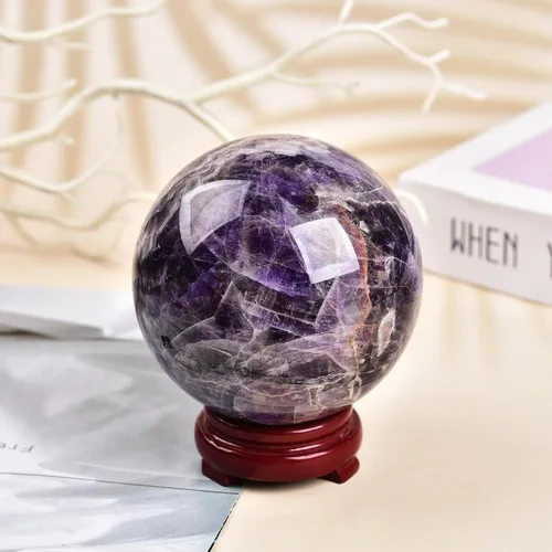 Miniatura 4 de JIC Gem Esfera grande de cristal Chevron de amatista con cristales curativos de curación con soporte de madera para meditación y decoración