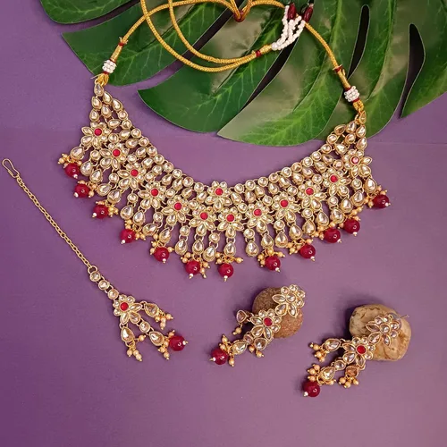 Miniatura 2 de Efulgenz Indian Jewelry Choker Necklace Maang Tikka Earrings Bollywood Wedding Crystal Kundan Necklace Earrings Head Chain Set
