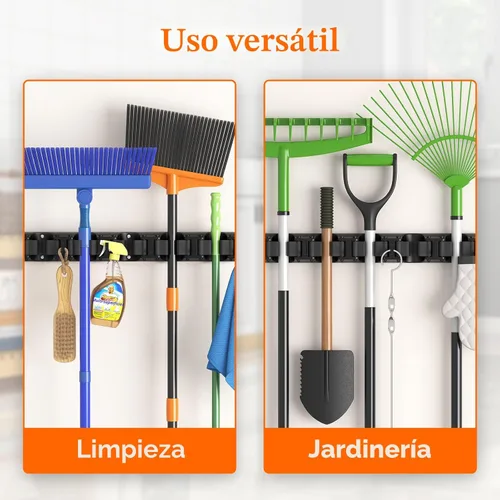 Miniatura 7 de Lifewit Soporte de pared para fregona y escoba, colgador de escoba antideslizante para organización de cocina, organizador de suministros de Negro