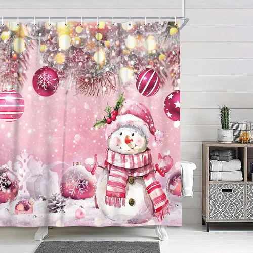 Miniatura 7 de Cortina de ducha de Navidad de invierno, muñeco de nieve, bola azul, copo de nieve, árbol de pino, cortina de baño para decoración de vacaciones