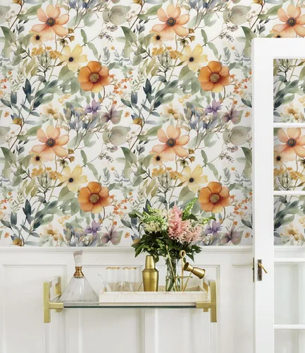 Miniatura 2 de Guvana Papel tapiz floral de 78.7"×16.14" amarillo/naranja despegar y pegar, papel de contacto floral bohemio, papel de pared removible