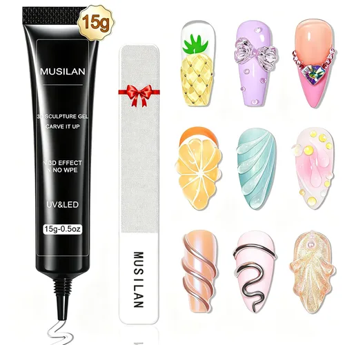 MUSILAN Gel para esculpir uñas 3D con limas de cristal de cristal, gel constructor transparente para uñas, moldeo para esculpir esmalte de uñas,