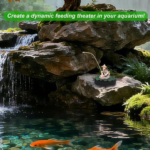 Miniatura 4 de Decoración flotante para pecera, figura de acuario de pescador con base de hoja de loto y caña de pescar divertido alimentador de peces estatua