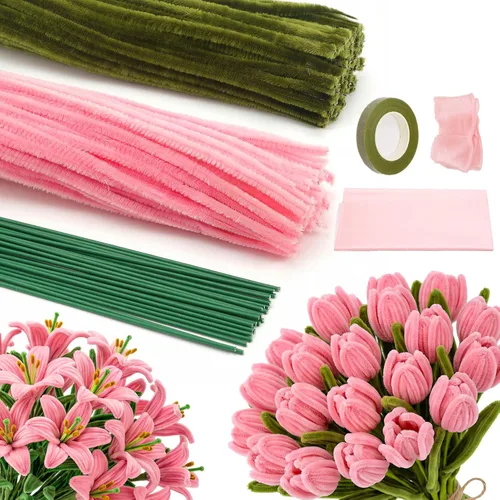 iCraftine Kit de flores limpiadoras de tuberías, incluye tallos de chenilla rosa y verde, tallo floral, cinta de jardinería, cinta para hacer ramo