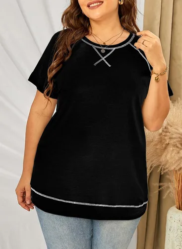 Miniatura 8 de Eytino Blusas de talla grande para mujer, cuello en V, manga corta, a rayas, casual, holgada, con bolsillo (1X-5X)