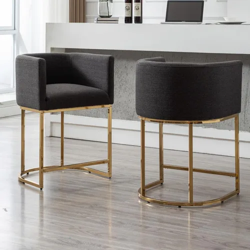 Miniatura 23 de Taburete de bar de lino de 32 pulgadas, taburete moderno de altura de barril con brazo, silla de mostrador tapizada, marco de metal negro para isla