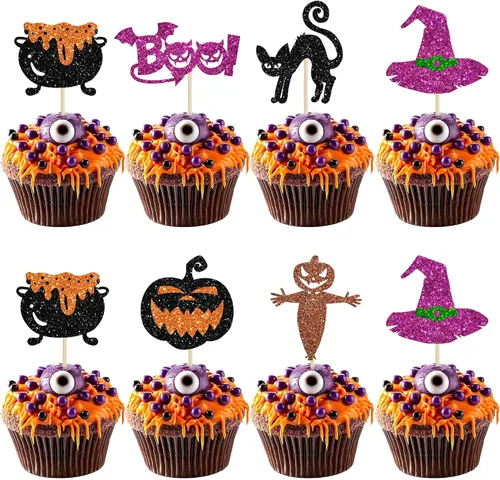 Miniatura 9 de Ephlyn 24 adornos negros para cupcakes con temática de Halloween, baby shower, niños, fiesta de cumpleaños, suministros de decoración de pasteles