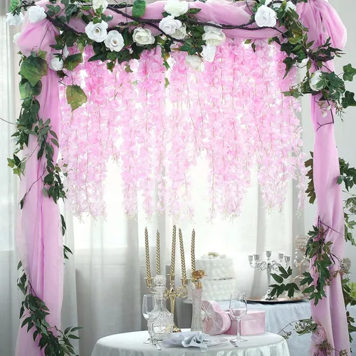 Miniatura 4 de Paquete de 5 guirnaldas de flores colgantes de glicina rosa, enredaderas de flores artificiales de 3.77 pies, glicinia falsa, guirnalda colgante