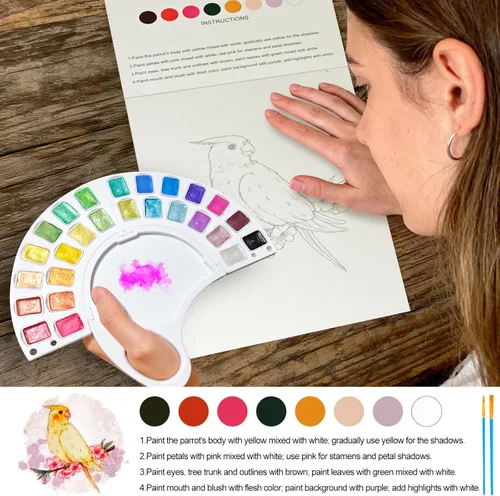 Miniatura 3 de Libro de trabajo de acuarela, libro para colorear con 13 páginas de papel de 300GSM, juego de pintura de acuarela de 26 colores con pincel y bolsa