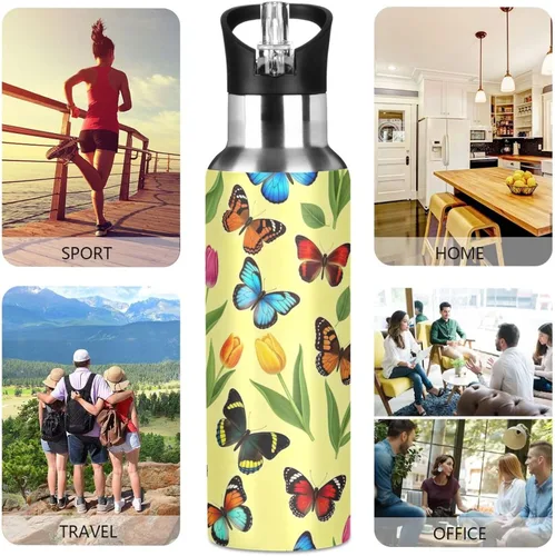 Miniatura 5 de Stainless Steel Vacuum Insulated Water Bottle 32 Oz, Leakproof Water Bottles for Gym Outdoor Travel School, Colorful Butterflies Tulips Yellow