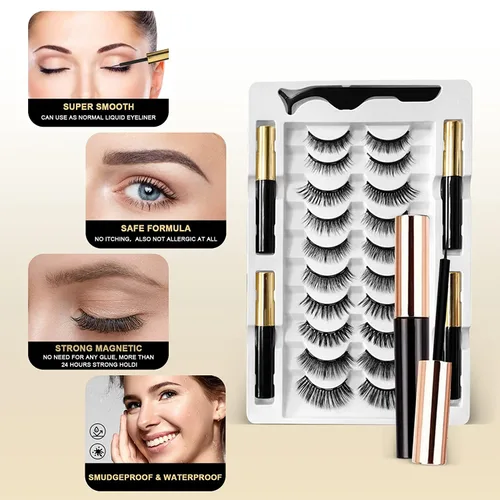 Miniatura 4 de Pestañas magnéticas, pestañas magnéticas de aspecto natural, 10 pares de pestañas reutilizables, 4 tubos de delineador de ojos con pinzas