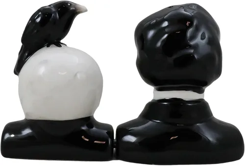 Miniatura 5 de Ebros Gift Poeta gótico Edgar Allen Poe con cuervo negro en el cráneo decorativo de cerámica salero y pimentero Figuritas Quoth The Raven Nevermore
