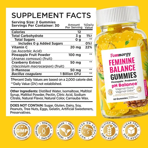 Miniatura 7 de Feminine Balance - Gomitas probióticas para mujer, salud vaginal y equilibrio del pH, suplemento natural de gomitas con probióticos, piña