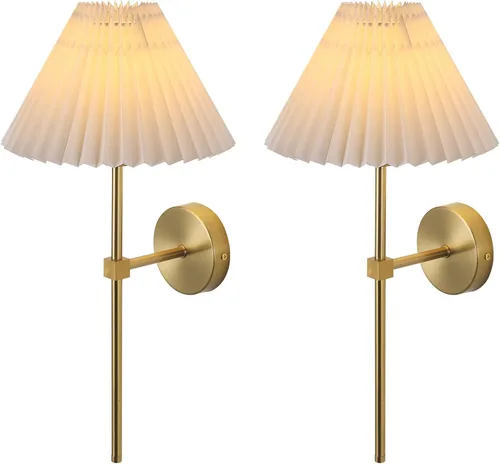 KELUOLY Apliques de Pared Juego de 2 Pantalla de Tela Blanca Lámpara de Pared Dorada Soporte de Ménsula de Columna Iluminación de Pared Baño Tocador