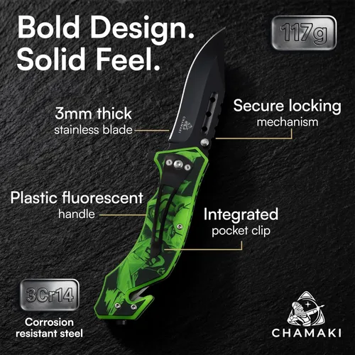 Miniatura 3 de Cuchillo de bolsillo de rescate – Cuchillo plegable manual con mango que brilla en la oscuridad, rompecristales, cortador de cinturón de seguridad