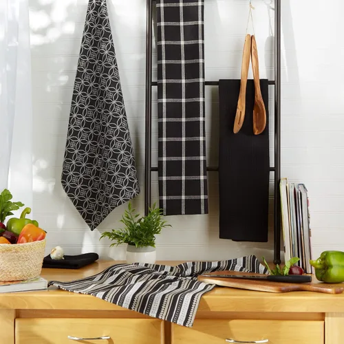 Miniatura 7 de DII Juego de cocina tejido surtido, toalla de cocina, 18 x 28 pulgadas, paño de cocina, 13 x 13 pulgadas, color negro, 5 piezas