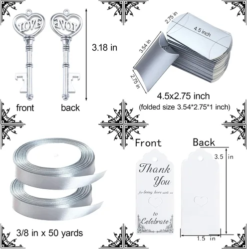 Miniatura 3 de Aokbean Paquete de 50 unidades con diseño de esqueleto y llavero de amor, caja de caramelos, cinta de agradecimiento para regalos de boda, regalo
