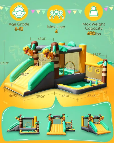 Miniatura 2 de AirMyFun Casa Inflable de Rebote de Dinosaurio para Niños de 3-8 con Soplador – Castillo Inflable Grande con Tobogán, Castillo de Salto para Niños