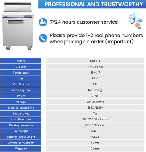 Miniatura 2 de Refrigerador de 28 pulgadas de ancho y 1 puerta, mesa de preparación de ensalada, refrigerador comercial de acero inoxidable con tabla de cortar, 1