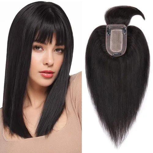 Miniatura 24 de Benehair Peluca de cabello con clip con flequillo, peluca secreta de cabello 100% humano, postizo superior con flecos, peluca de repuesto